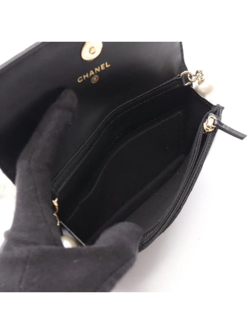 Chanel Shoulder Bag Quilted Pearl Chain Black Lambskin Wallet